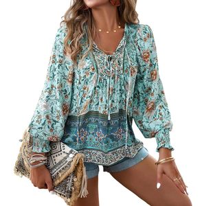 2025 Women's Boho Floral Print Blouses V Neck Long Sleeve Drawstring Casual <b>Elastic</b> Cuffs Sizes XS XL Embroidered Logo - Product Image 2
