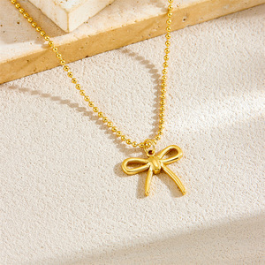 Bowknot Pendant Necklace Gold Plated Stainless Steel Chain Elegant Gift Jewelry - Product Image 1