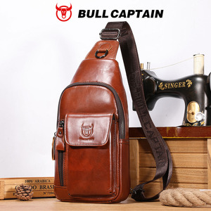 BULLCAPTAIN - Bolso Bandolera de Cuero 100% Genuino, con Logotipo Personalizado OEM, Bolso de Pecho Informal para Hombre con Orificio para Auriculares, Bolso Cruzado para Hombre - Product Image 1