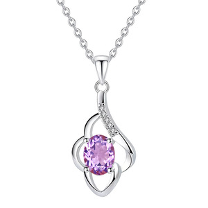 9 Collares Minimalistas con Colgante de Trébol de Cuatro Hojas, Plata 925, Amatista Natural de Corte Ovalado de 6*8mm, Joyería de Piedra Natural - Product Image 1