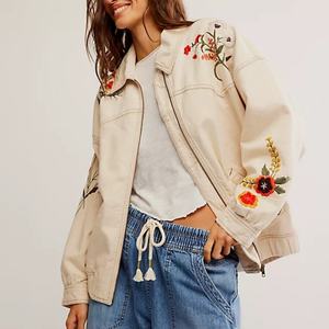 Nouvelle veste en jean beige pour femme 2025 avec broderie florale, coupe décontractée pour le printemps et l'automne - Product Image 1