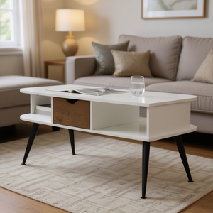 Tavolino da Caffè Moderno con Vano Portaoggetti, Piano in Laminato Bianco, Gambe in Metallo, Design Mid-Century, Arredamento per Soggiorno - Product Image 2