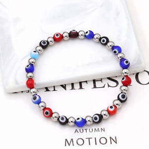 Boho Elástico Unisex <span class=keywords><strong>Chamilia</strong></span> Bola Redonda 6mmBeads Color Mezclado Azul Arco Iris Ojos Malvados Pulseras Hechas A Mano - Product Image 2