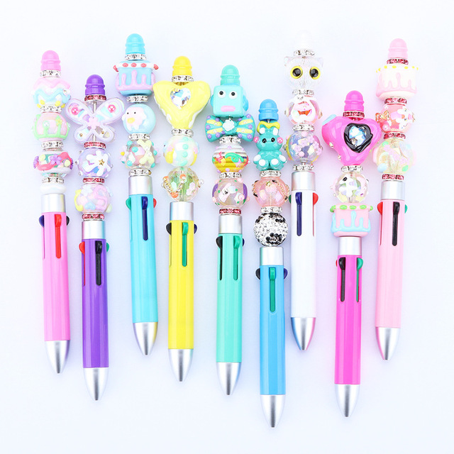 Custom Logo DIY 4-Color Charm Bead Pen Multicolor Decorative for Beaded Ballpoint with 1.0mm Plastic Writing for Students G