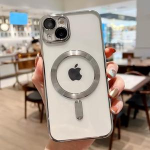 Étui de téléphone magnétique de luxe pour <span class=keywords><strong>iPhone</strong></span> 15 14 13 <span class=keywords><strong>12</strong></span> Pro Max Transparent clair protection Anti-jaunissement pare-chocs placage couverture de téléphone - Product Image 6