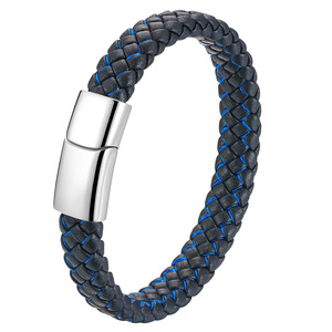 Pulsera de Cuero Tejido con Acero Inoxidable de 21 cm, Cierre Magnético, Regalo para Hombre, Joyería, Patrón Cosido en Negro y Azul - Product Image 5