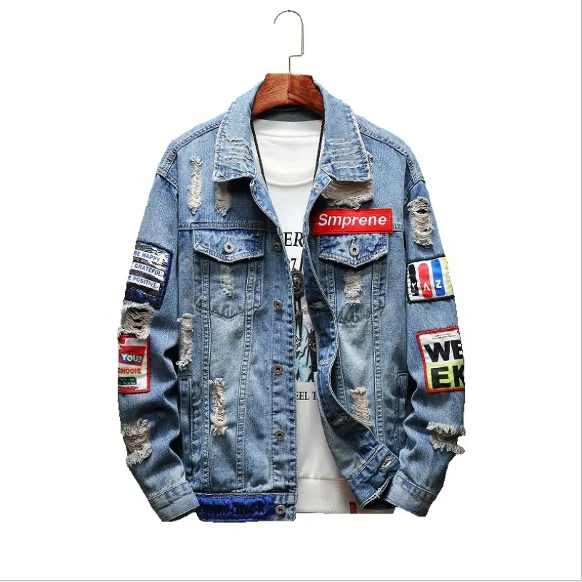 classic hip hop streetwear ripped patch embroidered denim clothing tops casual jean jacket men