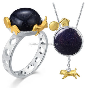 Lotus Fun Blue grès pierres précieuses bijoux en argent sterling or chien échapper à la <span class=keywords><strong>terre</strong></span> ensemble de bijoux bijoux fins pour les femmes - Product Image 1