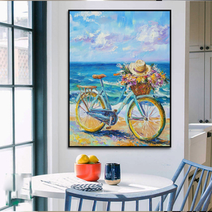 Handmade Hiện Đại 3D Bức Tranh Tường Coastal Seascape Với Xe Đạp Và Hoa Trang Trí Nội Thất Vải Tác Phẩm Nghệ Thuật Phong Cảnh Chủ Đề - Product Image 3