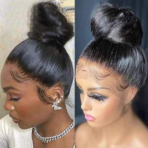 Nuova tendenza lunga dritta con filo trasparente invisibile 360 pizzo materiale svizzero Pre pizzicato capelli umani grezzi parrucca senza colla - Product Image 5