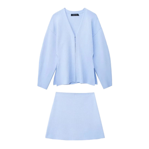 KAOPU ZA Damen Vintage Spring Zweiteiler Set Seitens ch litze Plain Knit Fitted Cardigan High-Waist Minirock Gewebtes festes Muster - Product Image 1
