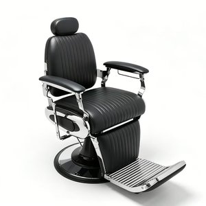 Sillón de Barbero Hidráulico Negro Acanalado, Silla de Peluquería Tapizada con Reposapiés, Muebles de Salón - Product Image 1