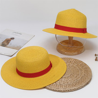 MADESHINE verano hombres Cosplay sombrero de paja japonés Anime Fans amarillo rojo cinta Luffy con rafia para accesorio de pesca