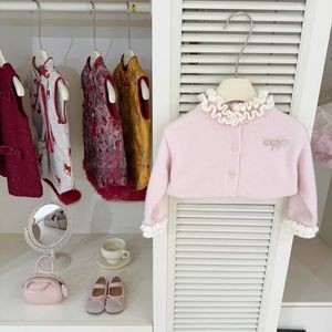 Tongxingyuan Baby Girl Pink Ruffled Cardigan Sweater Set Thickening Warm Winter Outfit - Product Image 2