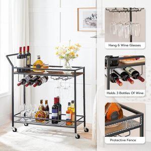 Casier à vin de cuisine à 2 niveaux en métal brun noir rustique moderne chariot de service rails de protection roues pour la maison bar salle à manger hôtel salon - Product Image 5