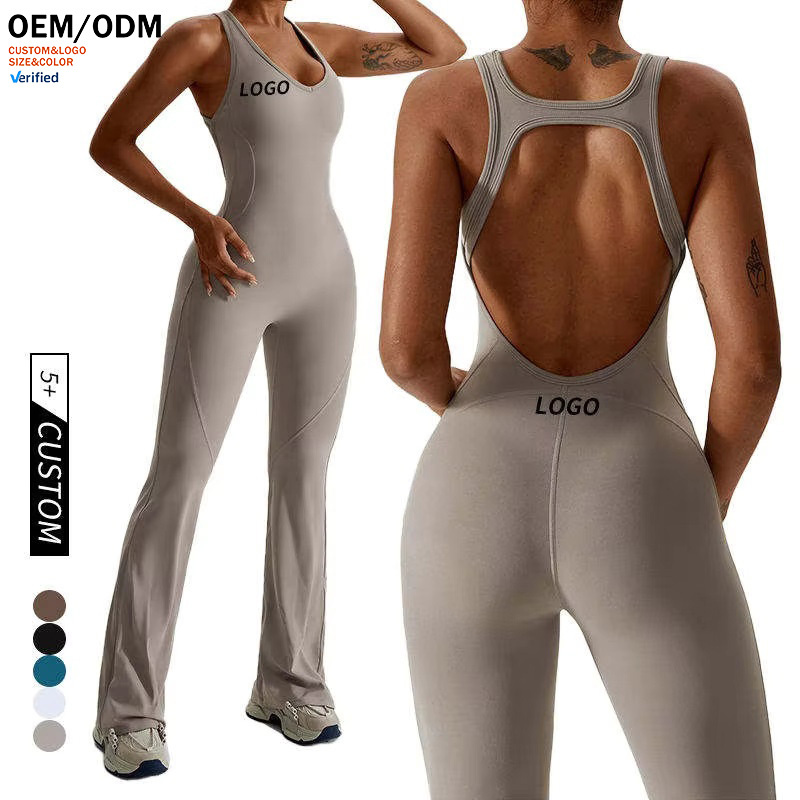 Women's Custom Breathable Quick-Dry Yoga Jumpsuit-Flared Leg Backless Tummy Control Romper for Workout Yoga Lounge (OEM