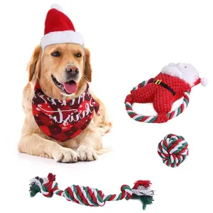 圣诞帽手帕5包小狗出牙可爱毛绒捆绑天然棉绳绳狗吱吱小狗玩具