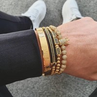Juego de Pulseras de Lujo para Hombre, Estilo Hip Hop, 4 Piezas, Acero Inoxidable, Números Romanos, Micro Pavé, Corona, Cuentas, Regalo para Hombre
