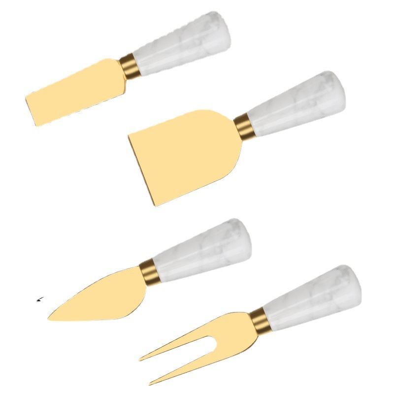 4 Pcs Set Marble Pattern Metal Gold Plated Stainless Steel Cutter Cheese Knife Set with White Ceramic Handle