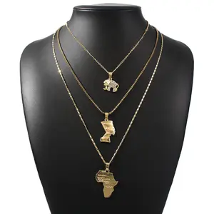 Mode Multilayer Legierung Elefant Pharao Afrika Karte Anhänger Halskette Set Schmuck für Frauen