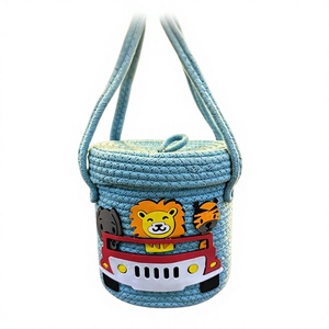 Safari Jungle <b>Animals</b> Jeep Woven Cotton Rope <b>Basket</b> with Lid Long Handles Kids Carry Bag Toy Storage Artistry By PR India - Product Image 1