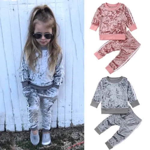 New Autumn Kids Baby Boy Girls Sports Clothes Toddler Velvet Spring Long Sleeve T-shirt Tops+Long Pants 2Pcs Tracksuit Suit Set