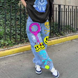 Pantalones Vaqueros Estampados Casuales de Estilo Explosivo <span class=keywords><strong>para</strong></span> <span class=keywords><strong>Mujer</strong></span>, <span class=keywords><strong>Ropa</strong></span> Transfronteriza con Estampado de Cara Sonriente, Piernas <span class=keywords><strong>Anchas</strong></span>, Holgados, Talla Grande - Product Image 5