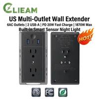 Clieam Wholesale US Multi-Outlet Wall Extender 6AC Outlets 2 USB-A PD 20W Pengisian Cepat