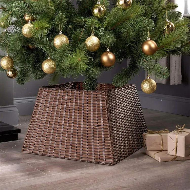 Christmas Tree Collar Skirt Plastic Rattan Wicker Xmas Tree Collar Basket Ring Base Stand Cover for Christmas Decoration