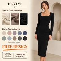 Robe fourreau en maille opaque premium 280 GSM, col carré, douce et confortable, élégante, à manches longues, longueur midi, pour femme, avec logo personnalisé OEM