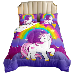 Mignonnes jumelles filles licorne couette ensemble Kawaii couette violet arc-en-ciel galaxie étoiles fantaisie réversible moderne imprimé dessin animé enfants - Product Image 1