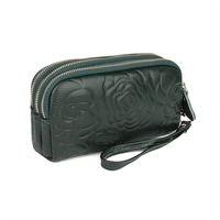 Portefeuille-bracelet en cuir véritable gaufré pour femme, pochette zippée, porte-monnaie, porte-cartes multiples