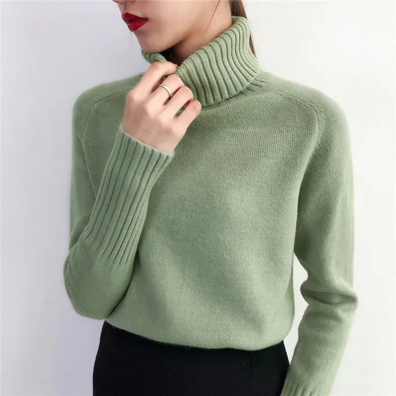 Толстый кашемировый вязаный свитер для женщин, сезон осень-зима 2021, корейский пуловер с высоким воротником и длинным рукавом, женский джемпер, зеленая трикотажная одежда