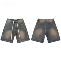 Shorts en jean mi-longs déchirés et délavés, brodés à la machine avec strass thermocollants, style streetwear, pour l'été – Vente en gros