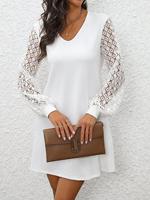 Robe mini décontractée pour femme à col en V, manches longues en dentelle, manches lanternes ajourées, tunique HX9190
