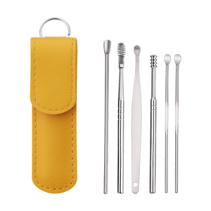 6 uds cuchara de oreja palo de limpieza en <span class=keywords><strong>espiral</strong></span> Kit de eliminación de <span class=keywords><strong>cera</strong></span> de los oídos Herramientas de limpieza de oídos de acero con estuche de cuero - Product Image 1