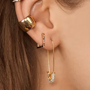 Custom Women's Fashion Pin Metal Multicolor Stud Earrings Crystal Safety Pin Earrings Sparkling Rhinestone Paperclip Earrings