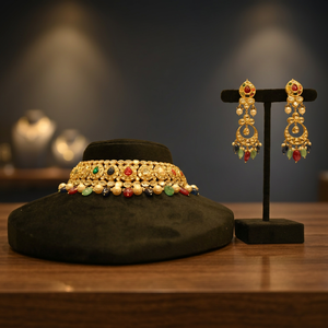 Collier et boucles d'oreilles en or fin 22 carats avec zircon Navratna, bijoux élégants pour mariage - Product Image 3
