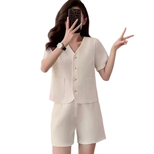Conjunto de Traje Corto con Mangas Cortas <span class=keywords><strong>para</strong></span> Mujer, Atuendo de Verano con Chaqueta y Pantalones Cortos de Alta Gama, Conjunto de Dos Piezas - Product Image 5