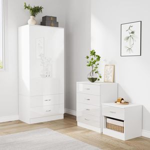 Set di Mobili per Camera da Letto in 3 Pezzi Bianco Lucido: Armadio a 2 Ante con 2 Cassetti, Cassettiera a 4 Cassetti e Comodino - Product Image 4