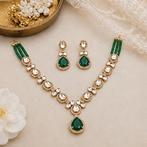 925 Silver <b>Necklace</b> and Earrings Set for Women Green Stone Pearls Kundan Work Traditional Indian Jewelry Bridal Party Gift - Product Image 3