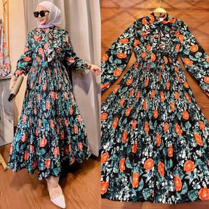 Venta al por mayor de Dubai Modesto Musulmán Elegante Largo Maxi Estampado Floral Plisado Vestido Acampanado <span class=keywords><strong>Abaya</strong></span> para Mujeres - Product Image 3