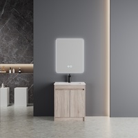 Meuble de salle de bain moderne en contreplaqué haute densité à texture fine et motif grainé clair, avec miroir intelligent et lavabo