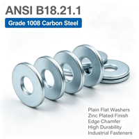 XH Brand DIN ISO Standard Flat Washers Grade 1008 Carbon Steel Blue White Zinc Plated Chamfered Edge Industrial Plain Washers