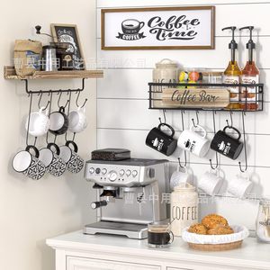 Solid Wood And Wrought Iron Wall Mounted Storage Rack With <b>Hooks</b> For Coffee Cups And Spices Kitchen Organizer - Product Image 2