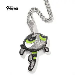 Lovely Bubbles Cartoon Jewelry Iced Out AAAAA CZ Diamond Powerpuff Girls Necklace Kids Cartoon Hip Hop Pendant