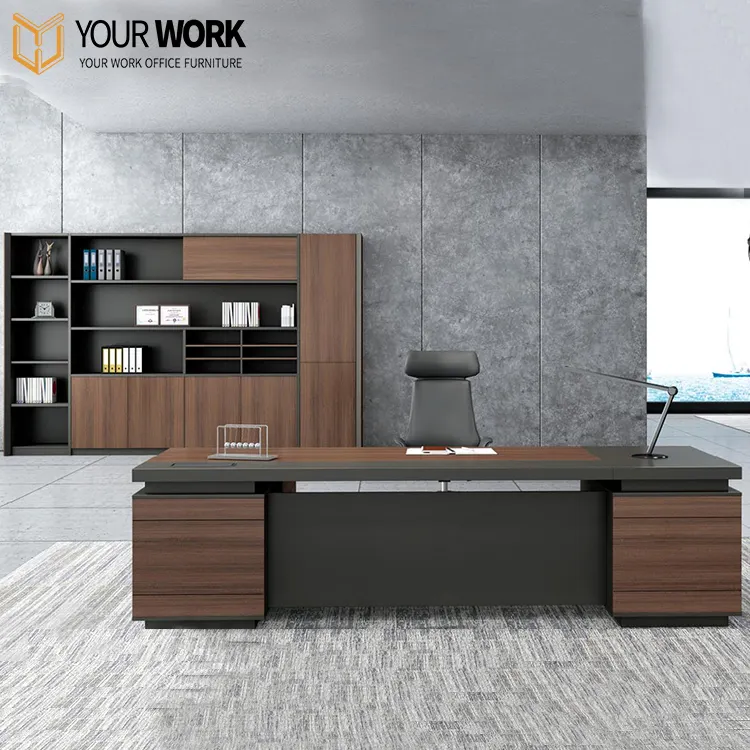 Pemasok Tiongkok Harga Murah MDF gaya modern bahan kayu bentuk L meja kantor bos ceo meja kantor dengan cabine