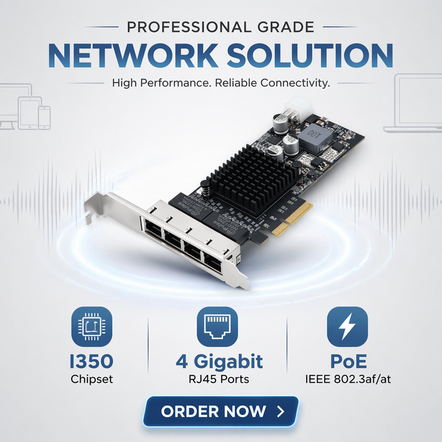 High Performance Industrial Internal PCIe 4 Port PoE LAN Card Intel I350 10/100/1000Mbps Gigabit Ethernet Server Network Stock