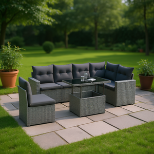 Conjunto de Sofás de Jardín de Ratán Gris Moderno, 6 Plazas, Muebles Modulares para Exteriores con Estructura de Acero, Diseño Contemporáneo - Product Image 2