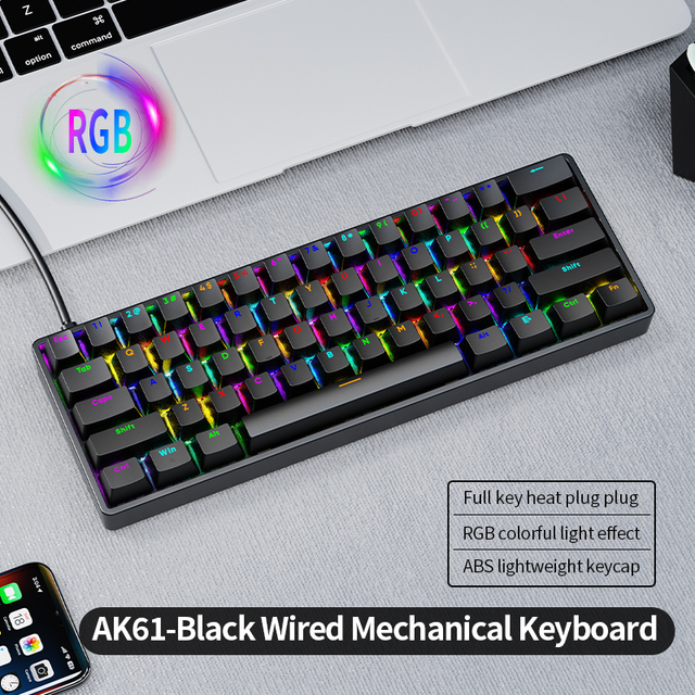 AK61 English 60% Wired USB Type-C Mechanical Keyboard RGB 61 Keys Gaming Black Switch Private Mold Hot Sale No Wrist Support